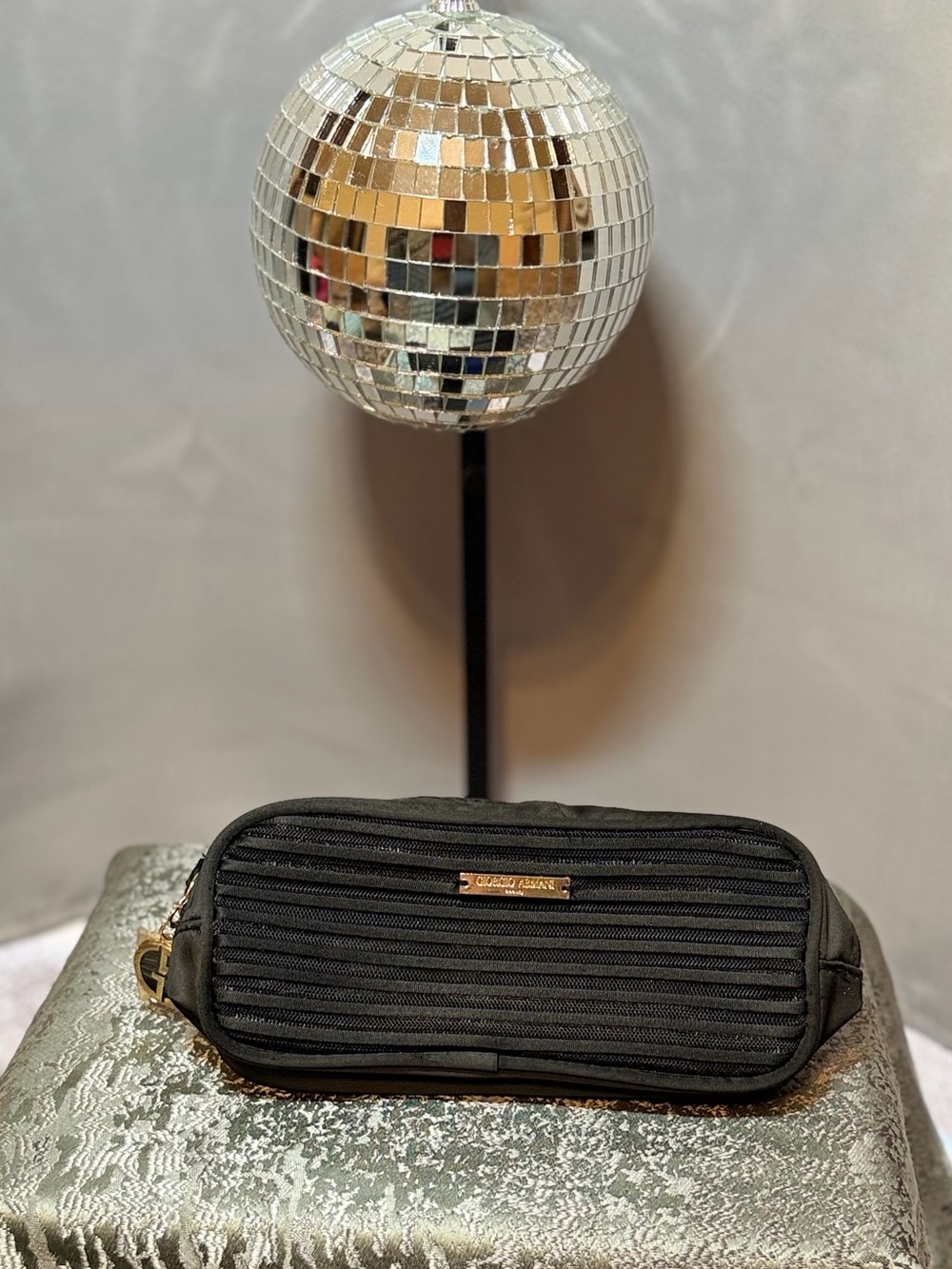 Giorgio Armani Black Quilted Ribbed Cosmetic Pouch with Gold Plate